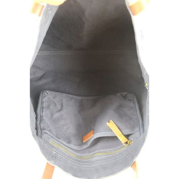 LARGE Madewell DARK BLUE COTTON BROWN LEATHER HANDLES SHOULDER BAG TOTE HANDBAG - Picture 6 of 12